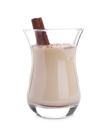 Delicious Christmas liqueur with cinnamon on white background