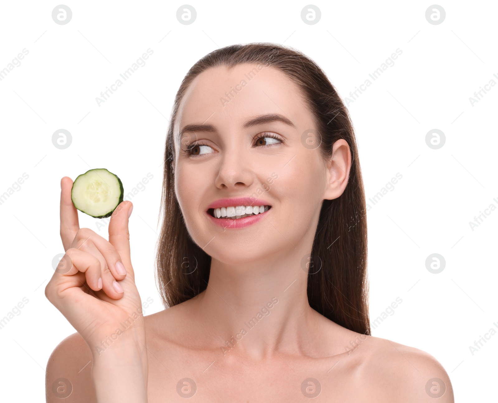 Photo of Beautiful woman with piece of cucumber on white background