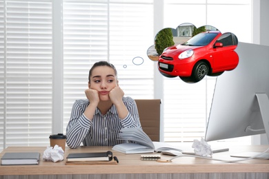 Image of Young woman dreaming about new car in office