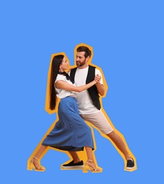 Pop art poster. Happy couple dancing together on light blue background