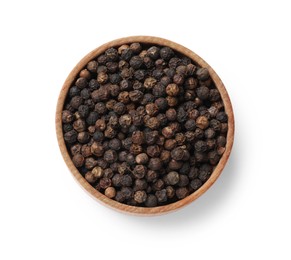 Aromatic spice. Many black peppercorns in bowl isolated on white, top view