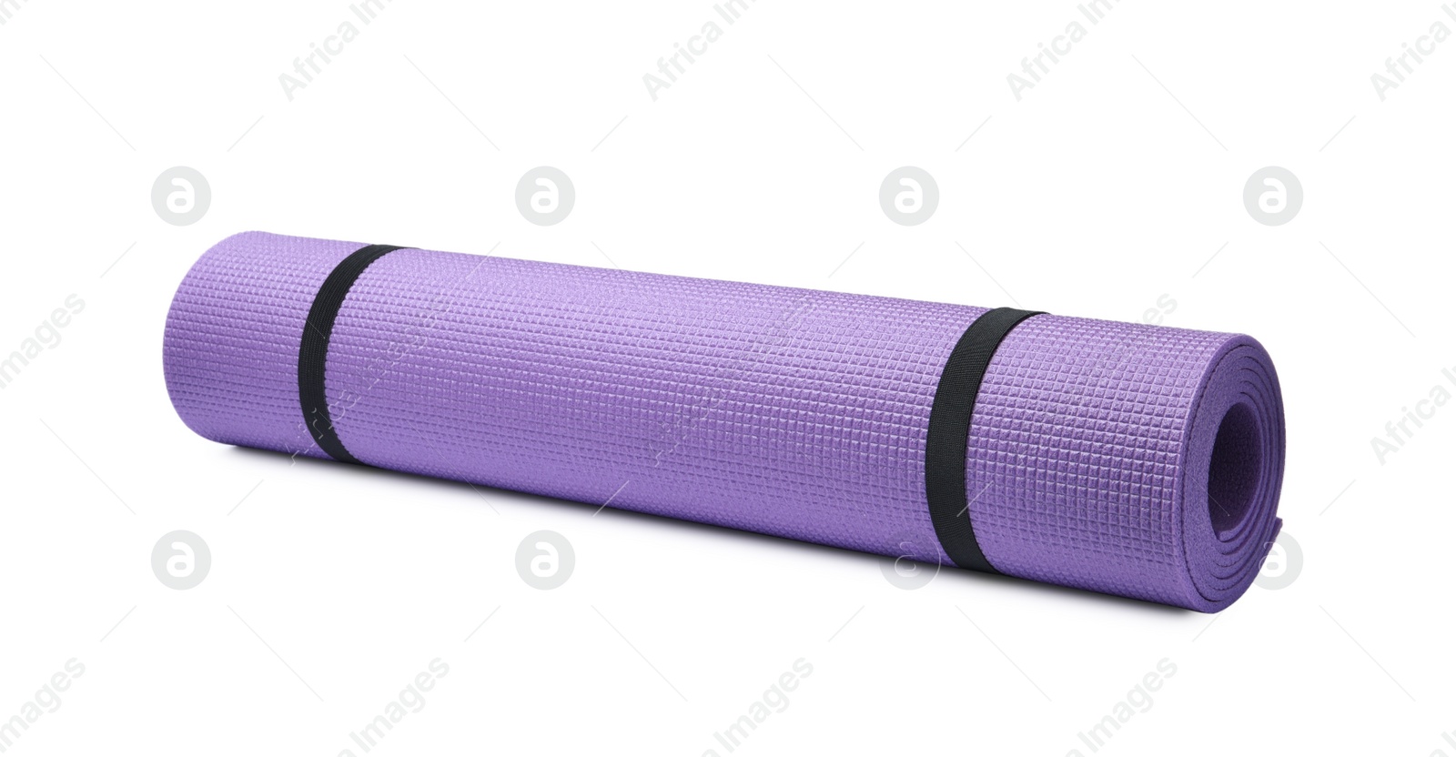 Photo of Rolled violet camping mat isolated on white