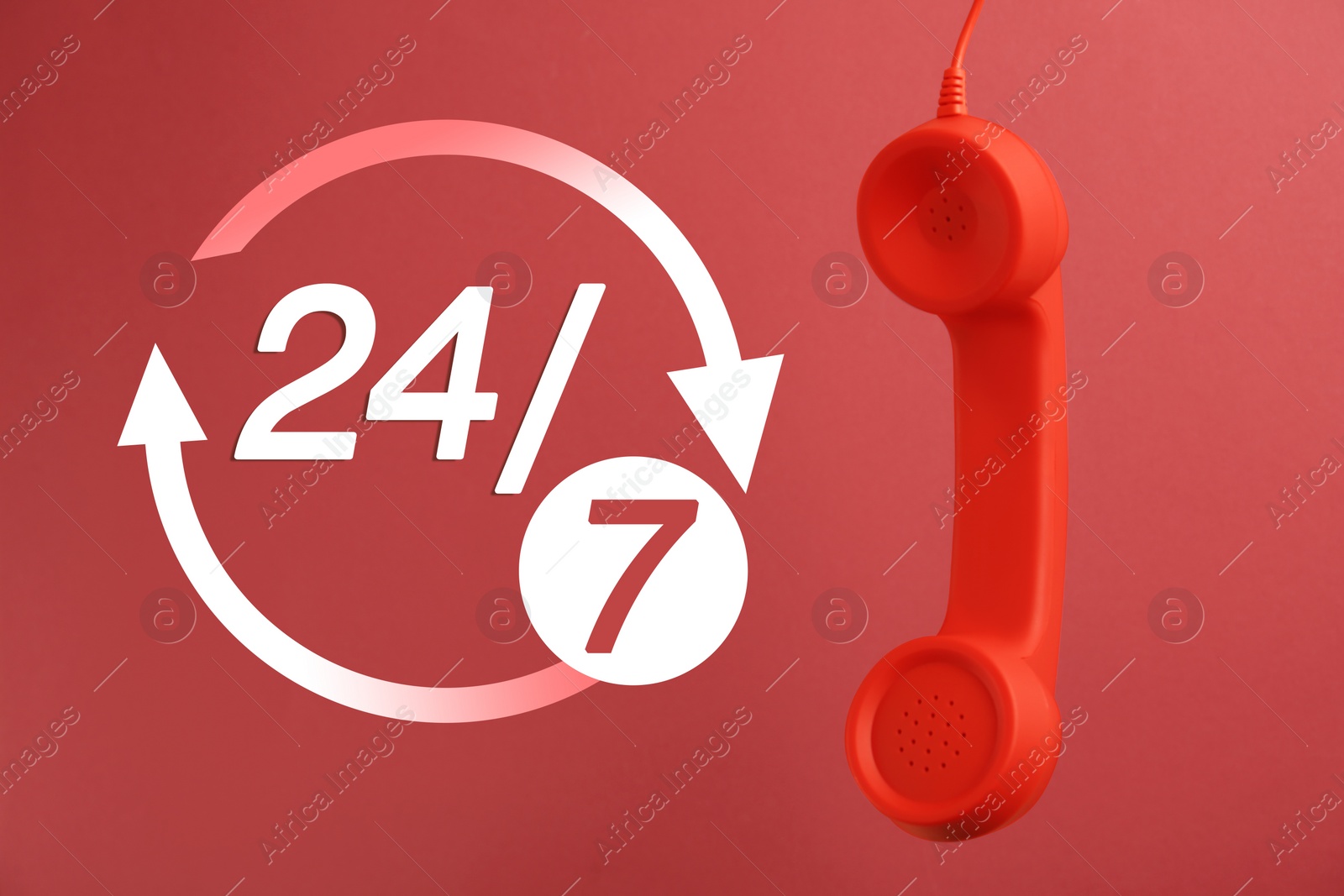 Image of 24/7 hotline service. Handset on red background