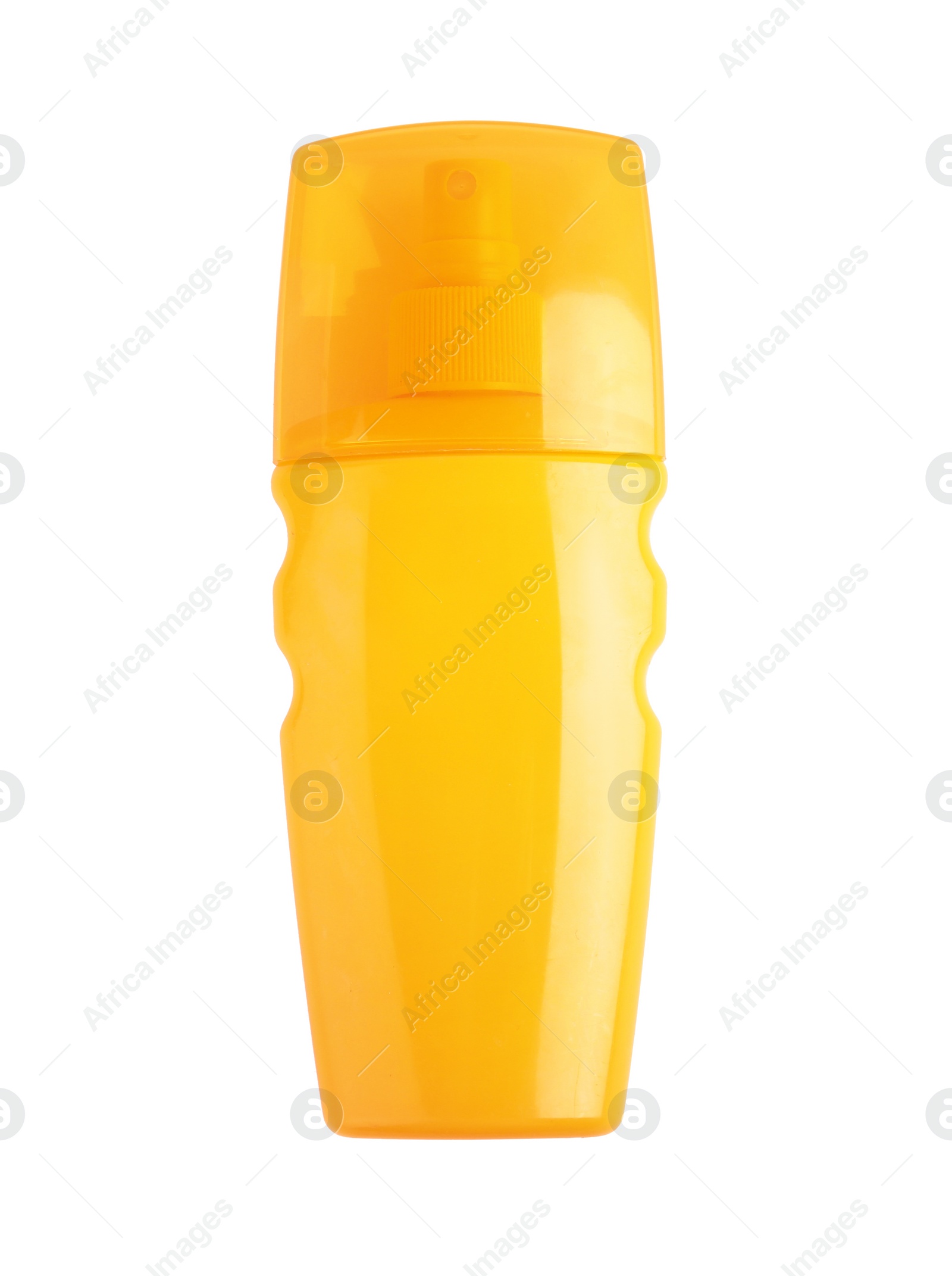 Photo of Bottle with sun protection body cream on white background