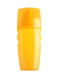 Photo of Bottle with sun protection body cream on white background