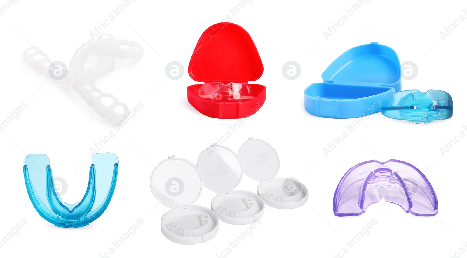 Image of Set with different mouth guards on white background. Bite correction treatment