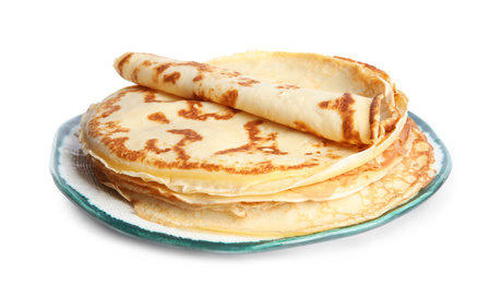 Photo of Stack of fresh thin pancakes isolated on white