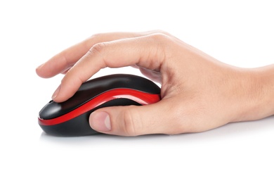 Woman using computer mouse on white background, closeup of hand