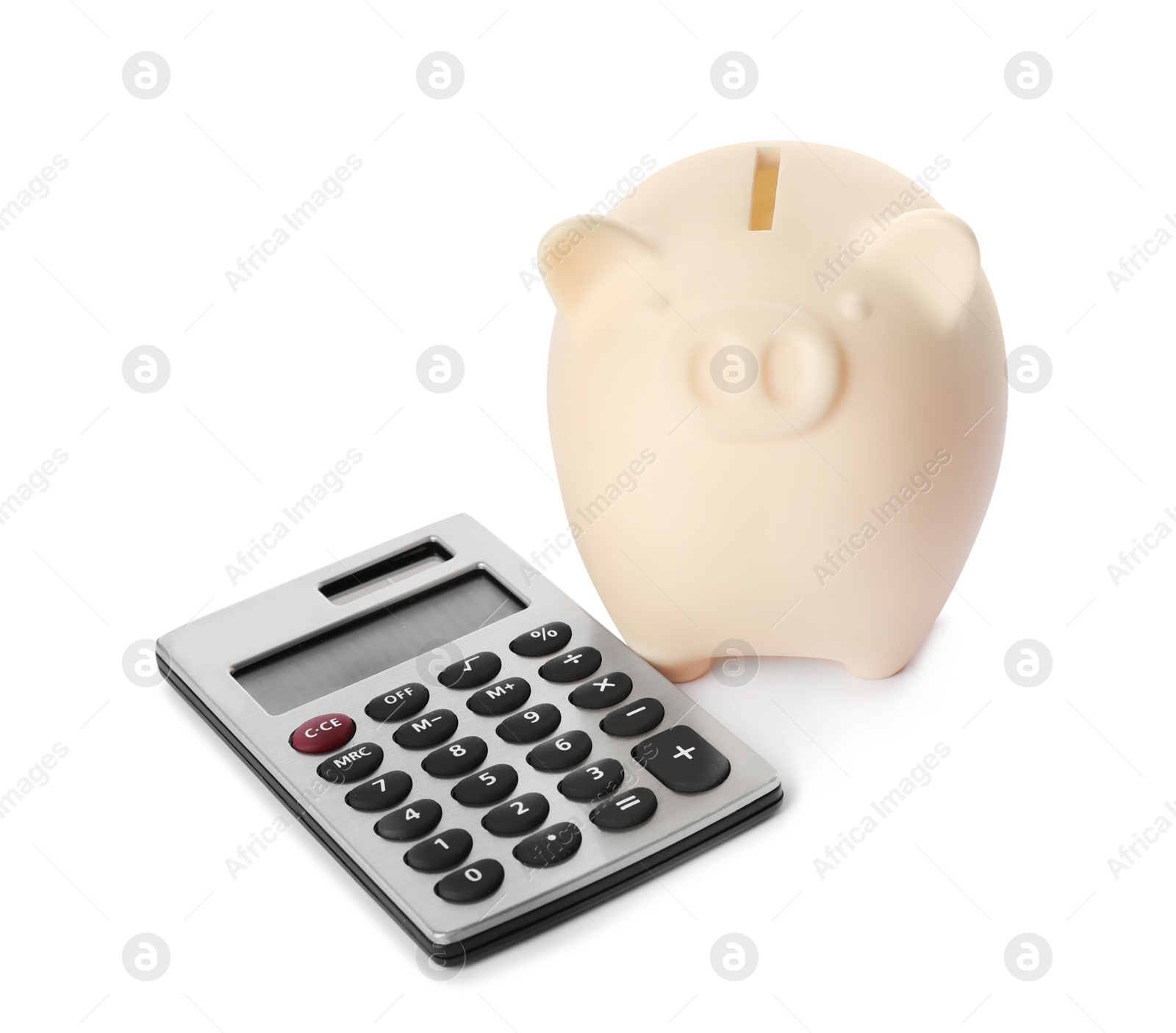 Photo of Piggy bank with calculator isolated on white