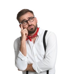 Fashionable young man in stylish outfit with bandana on white background