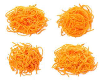Image of Set with tasty Korean carrot salad on white background, top view
