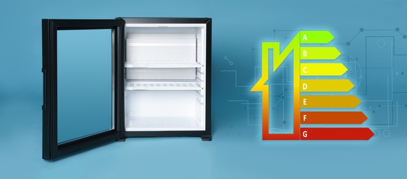 Image of Energy efficiency rating label and refrigerator on light blue background, banner design