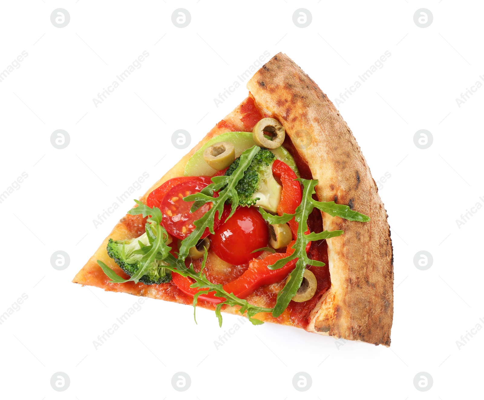 Photo of Slice of delicious pizza isolated on white, top view