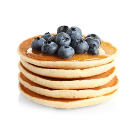 Photo of Stack of pancakes with berries and honey on white background