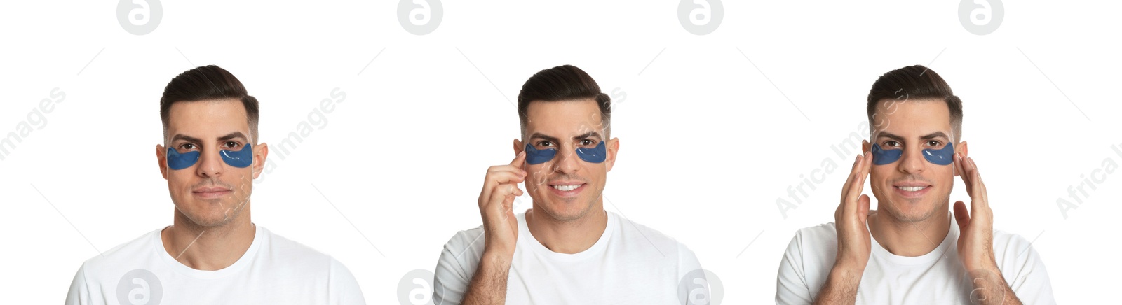 Image of Collage of handsome man with cosmetic under eye patches on white background. Banner design