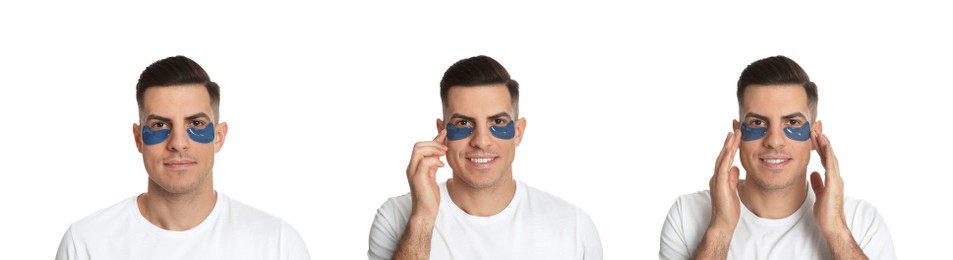 Collage of handsome man with cosmetic under eye patches on white background. Banner design