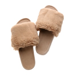 Photo of Pair of open toe slippers with brown fur on white background, top view
