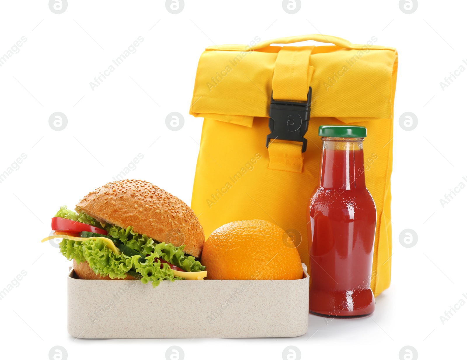 Photo of Lunch box with appetizing food, bottle of juice and bag on white background