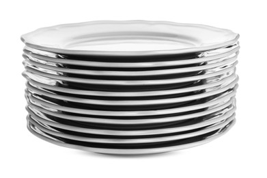 Photo of Stack of ceramic plates on white background