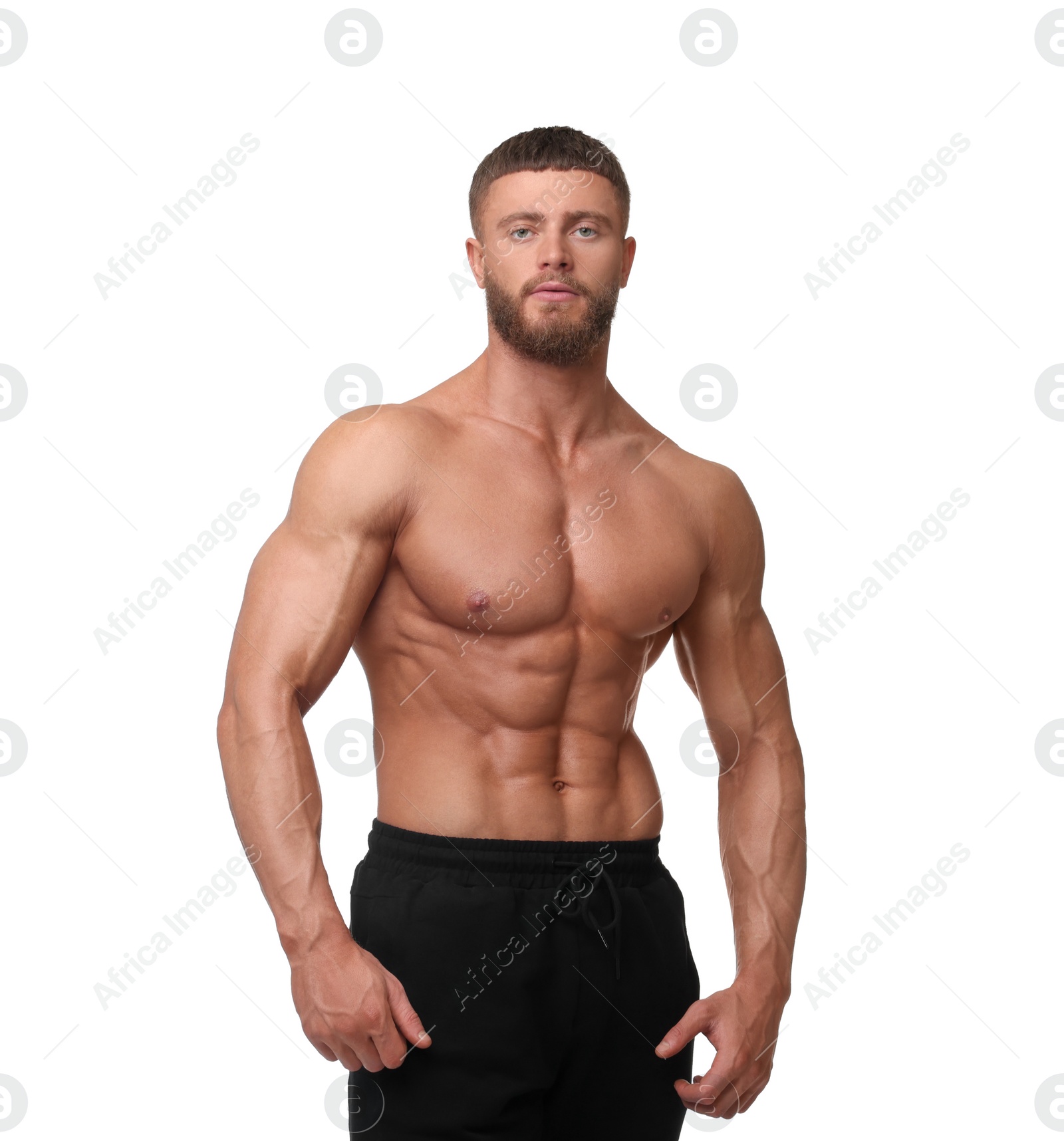 Photo of Young bodybuilder with muscular body on white background