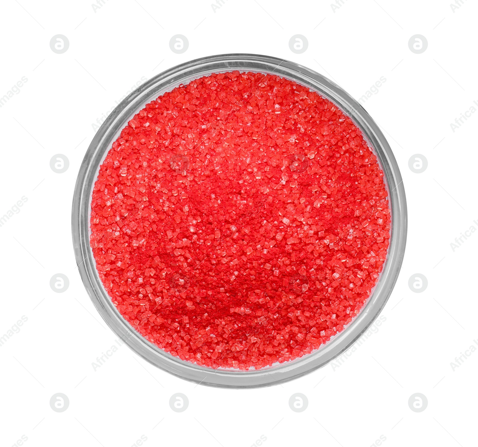 Photo of Glass bowl with bright red food coloring isolated on white, top view