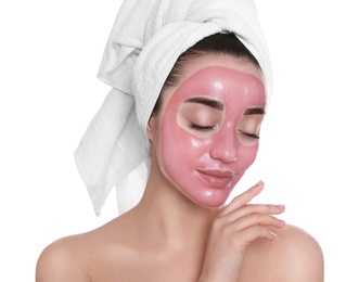 Photo of Woman with pomegranate face mask on white background