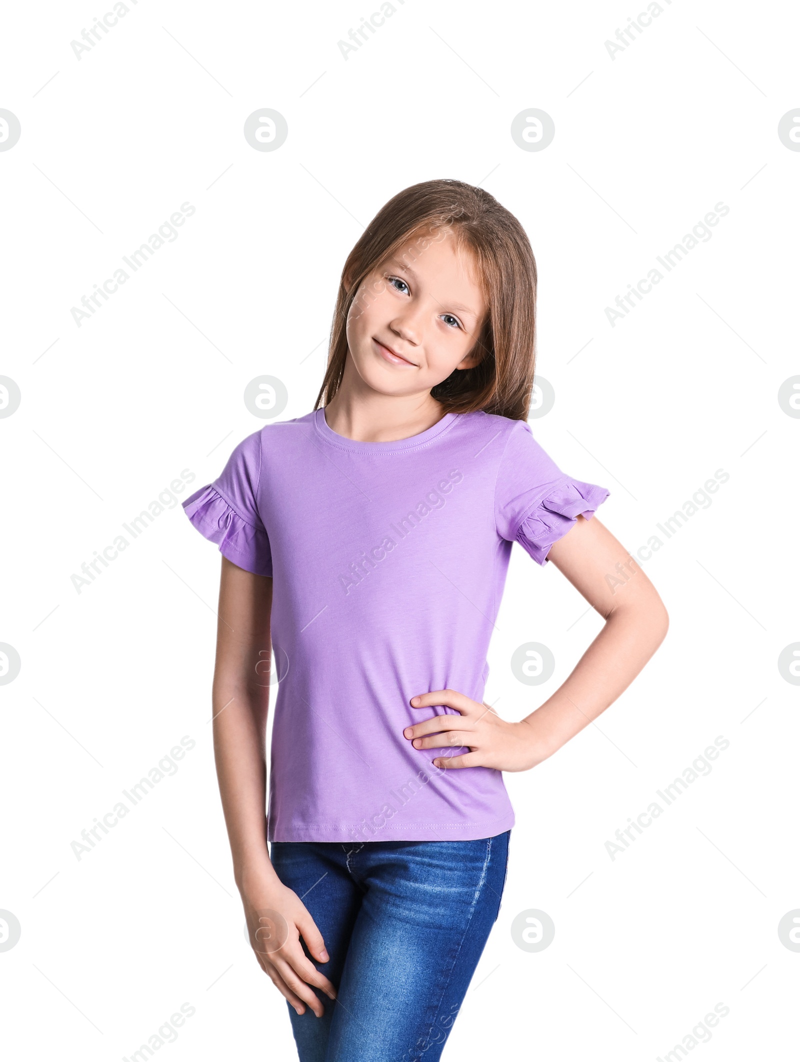 Photo of Little girl in t-shirt on white background. Mockup for design