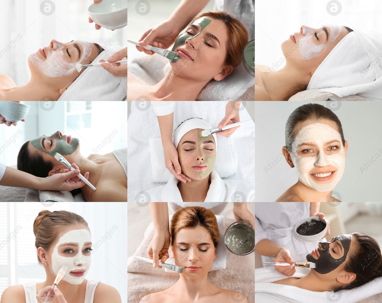 Image of Collage with photos of women with cleansing and moisturizing masks on faces