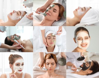 Collage with photos of women with cleansing and moisturizing masks on faces