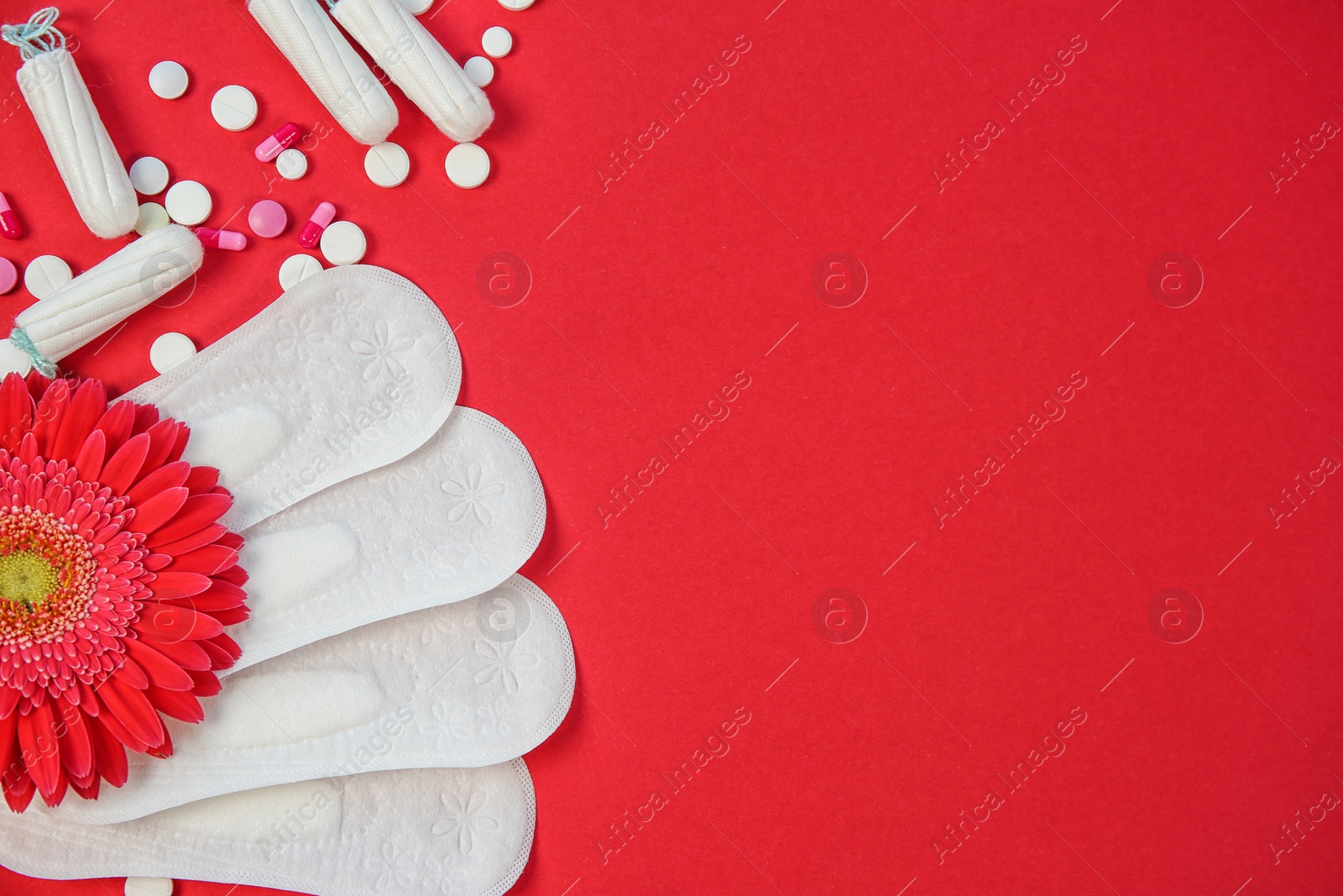 Photo of Flat lay composition with flower, period supplies and pills on color background. Gynecological checkup