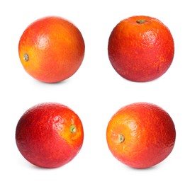 Set with ripe red oranges on white background 