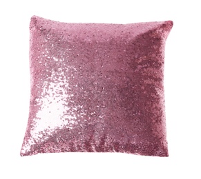 Photo of Shiny decorative pillow on white background