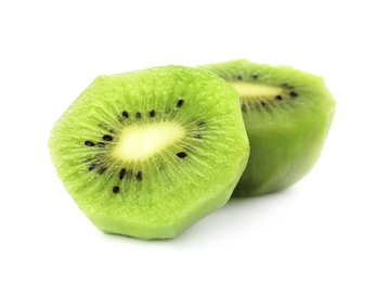 Photo of Cut fresh peeled kiwi on white background