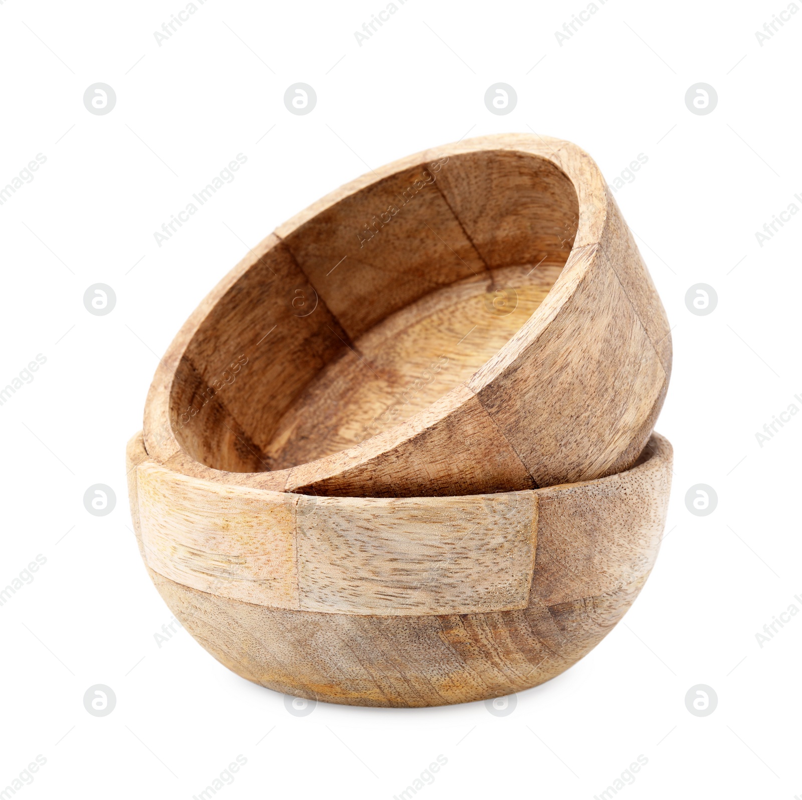 Photo of Wooden bowls isolated on white. Cooking utensils