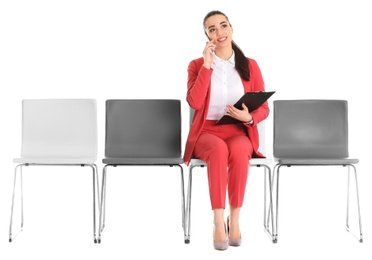 Photo of Young woman waiting for job interview on white background