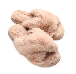 Photo of Pair of soft fluffy slippers on white background