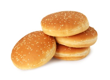 Many fresh hamburger buns isolated on white