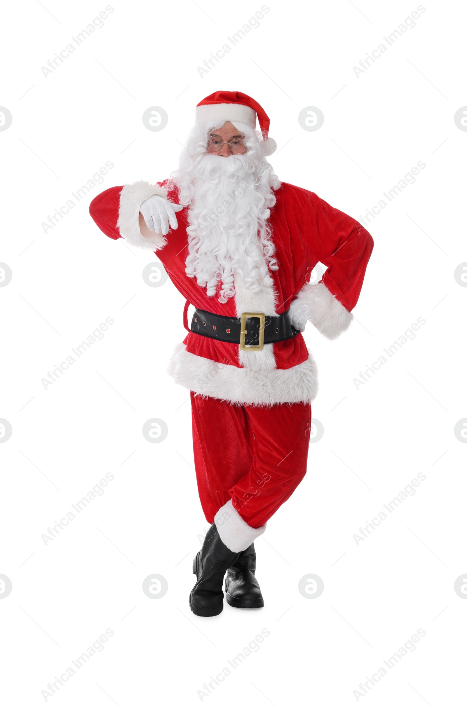 Photo of Man in Santa Claus costume posing on white background