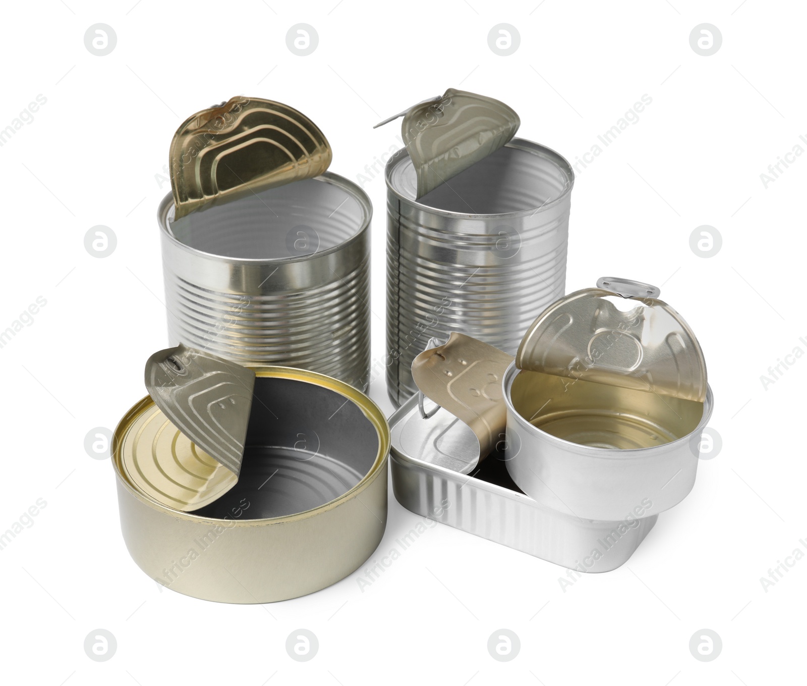 Photo of Many open tin cans isolated on white