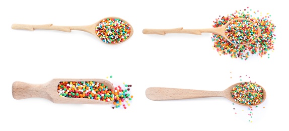 Image of Set with colorful sprinkles on white background, banner design. Confectionery decor