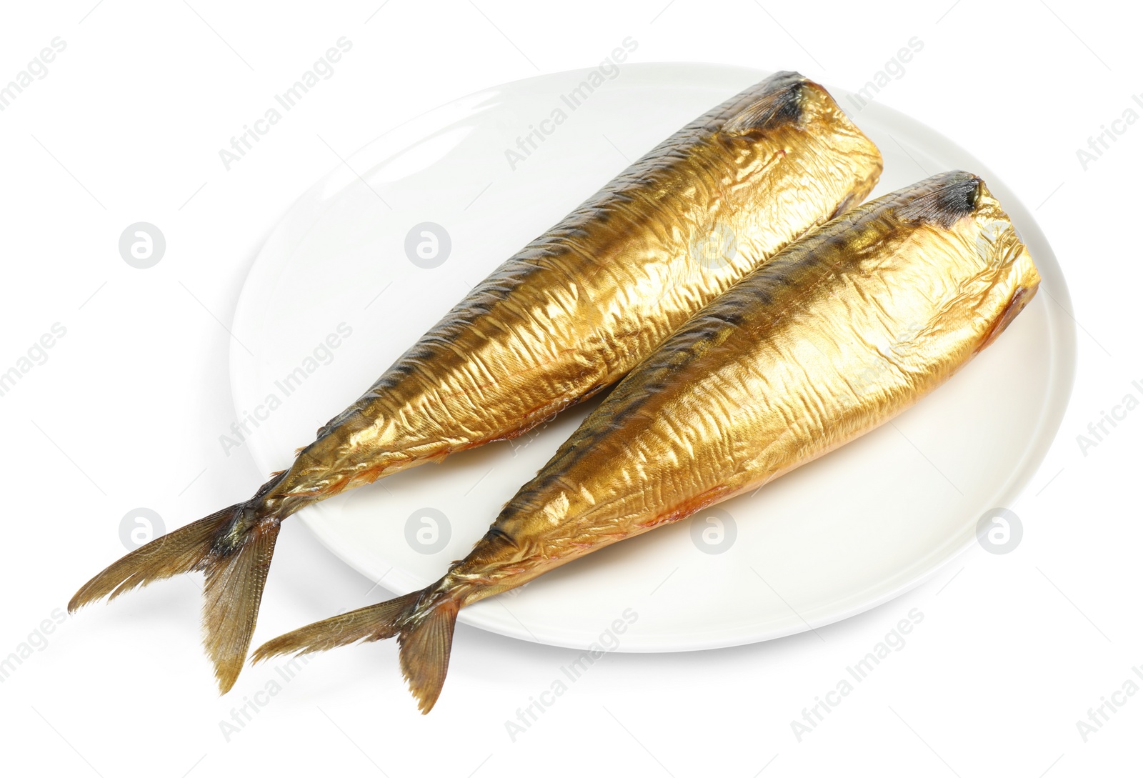 Photo of Plate with smoked fish isolated on white