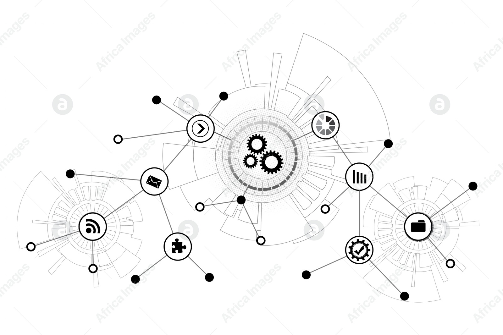 Illustration of Set of linked icons and gear mechanism on white background