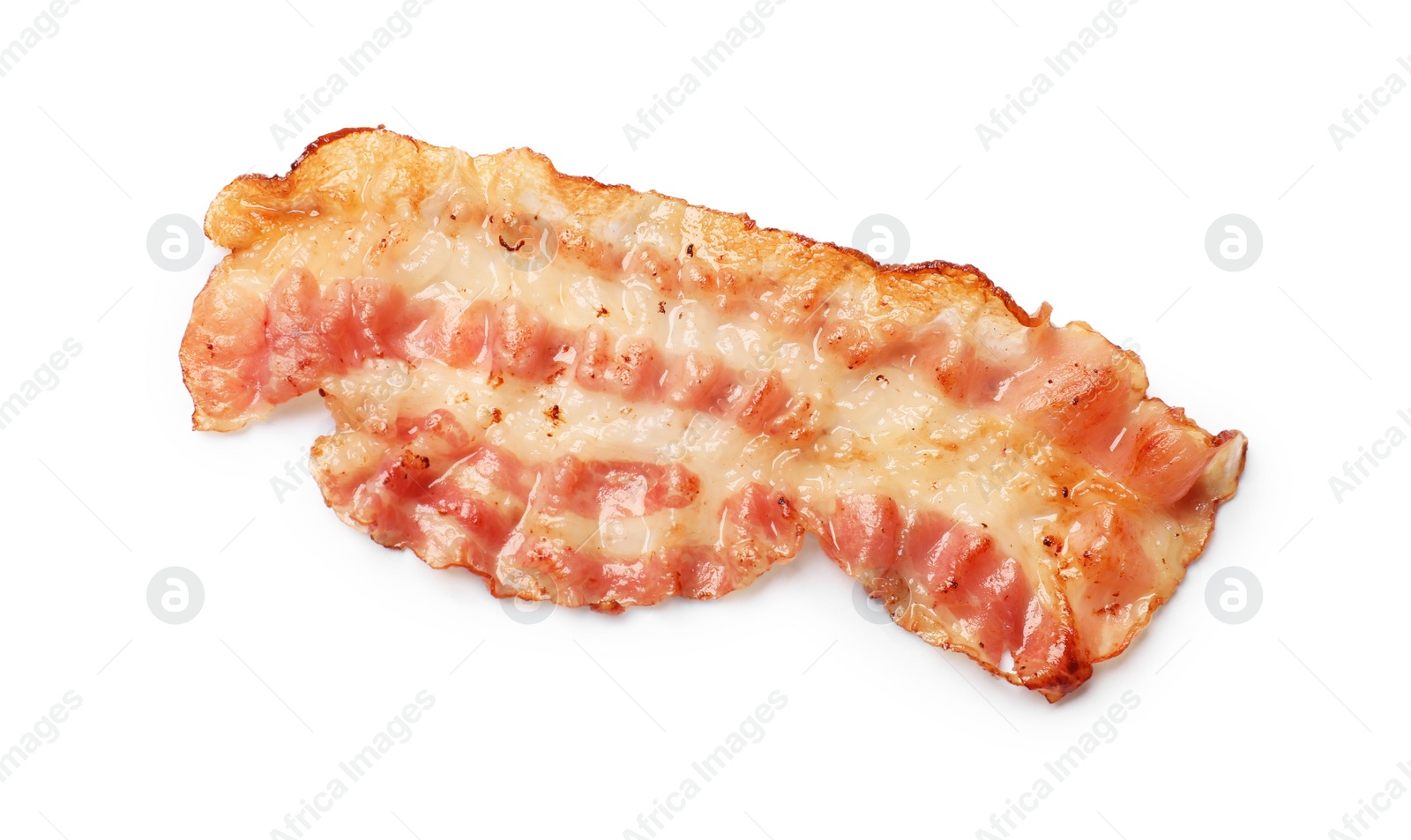 Photo of One fried bacon slice isolated on white, top view