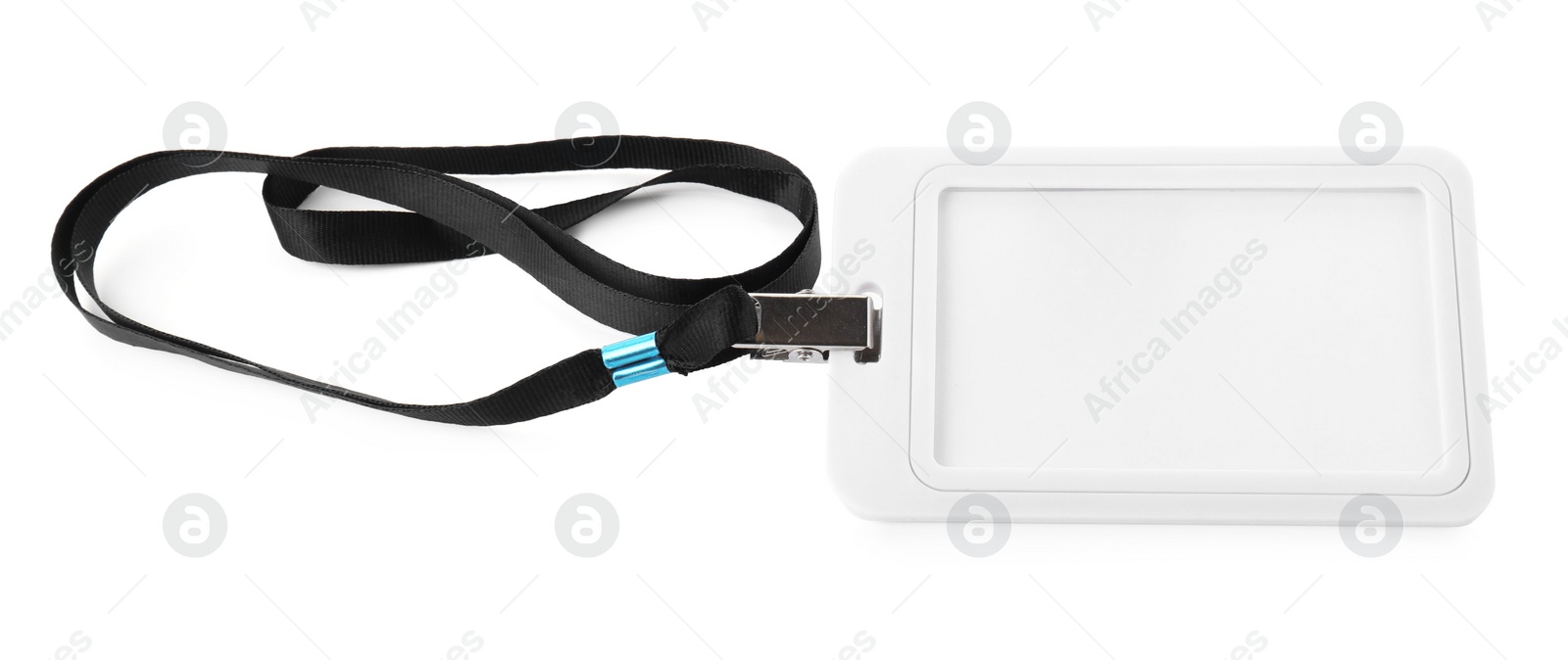 Photo of Blank badge with black string isolated on white