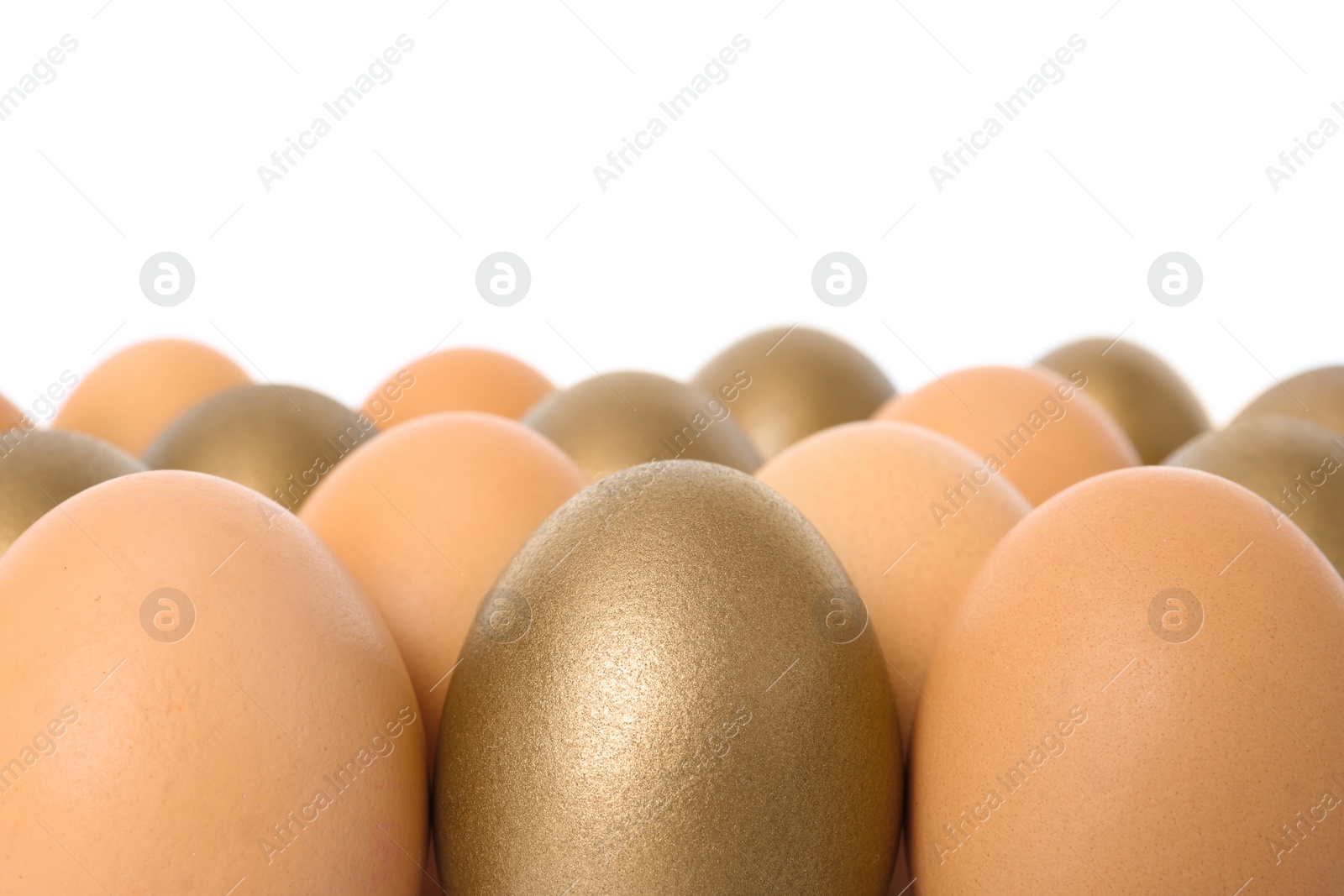 Photo of Golden eggs among others on white background