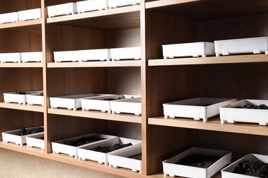 Containers with soil samples on shelves indoors. Laboratory research