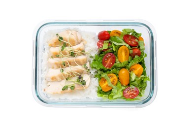Photo of Healthy meal. Chicken breast, rice and salad in container isolated on white, top view