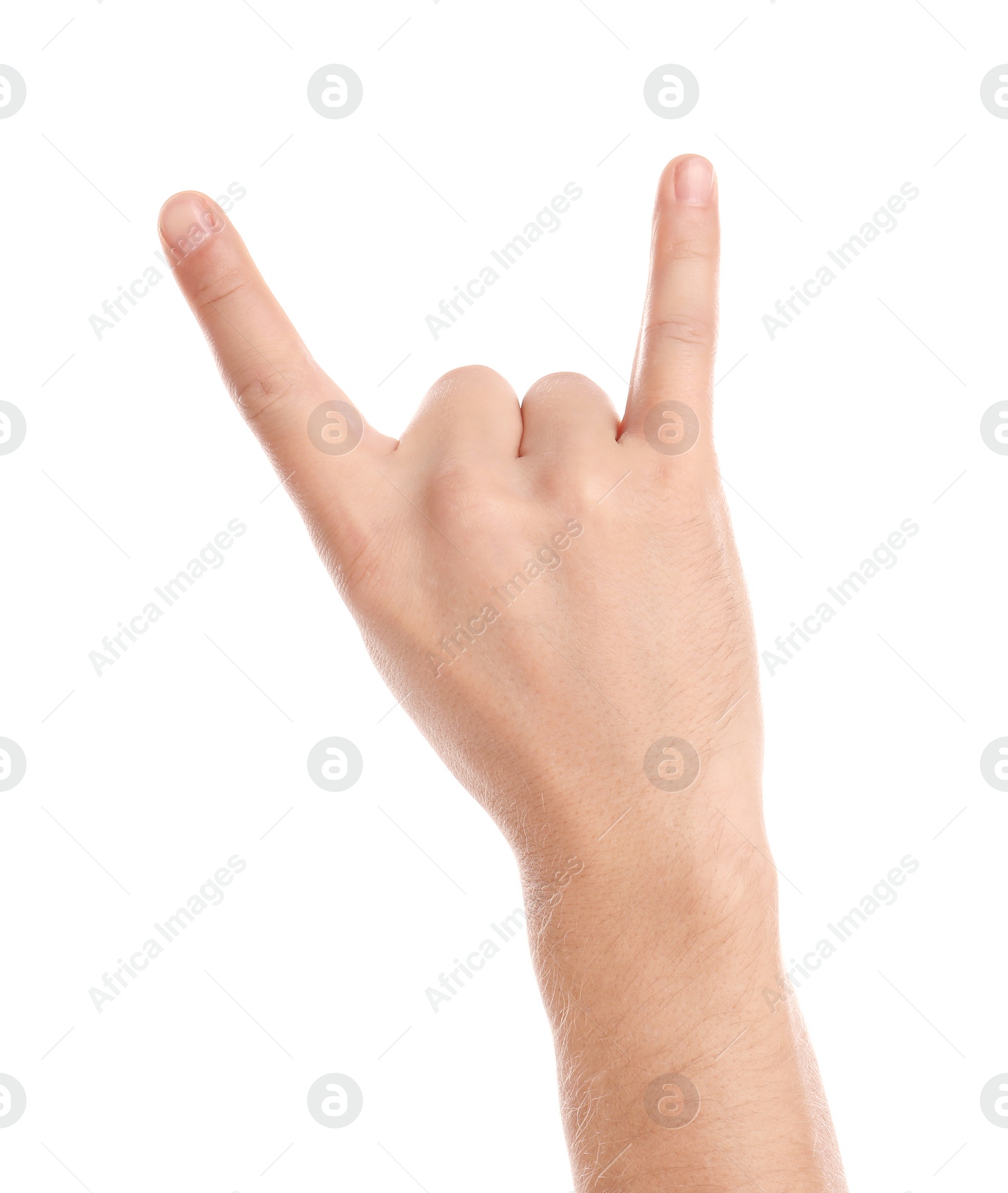 Photo of Man showing rock gesture on white background, closeup of hand