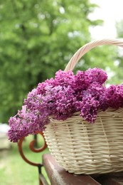 Photo of Beautiful lilac flowers in wicker basket on bench outdoors, closeup. Space for text