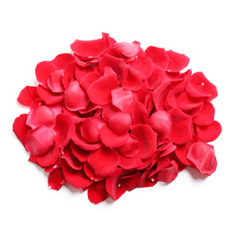 Pile of red rose petals on white background